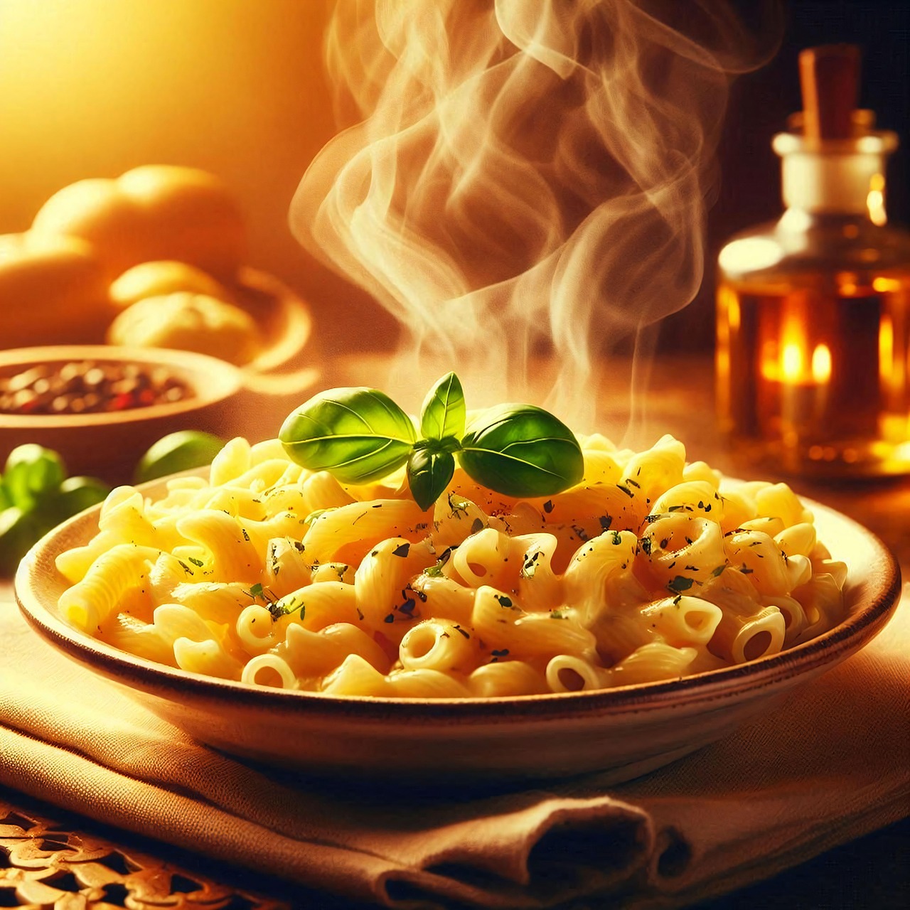 Baked mac and cheese with a golden breadcrumb crust in a ceramic dish.